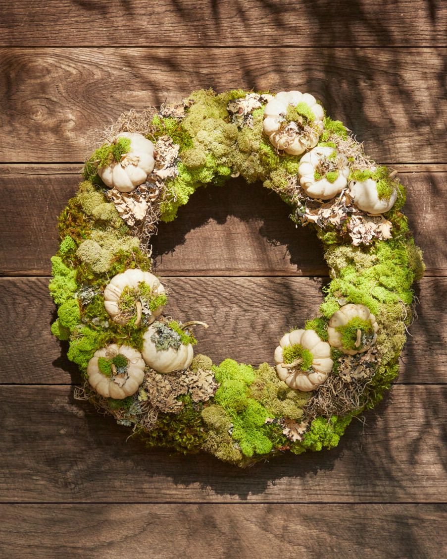 wreath made from craft moss and mini white pumpkins