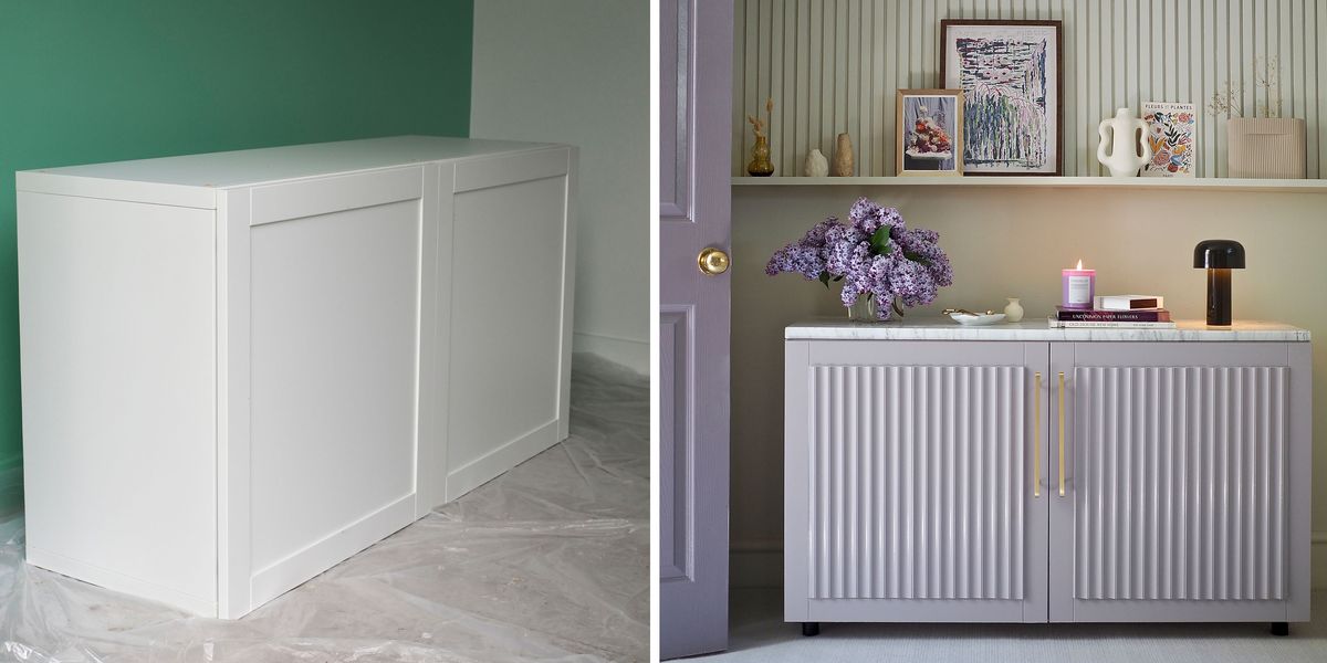 a room with a lilac fluted cabinet and a white counter
