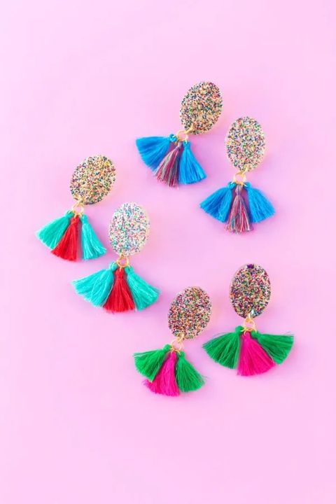 diy mothers day gifts, three pairs of glitter tassel earrings