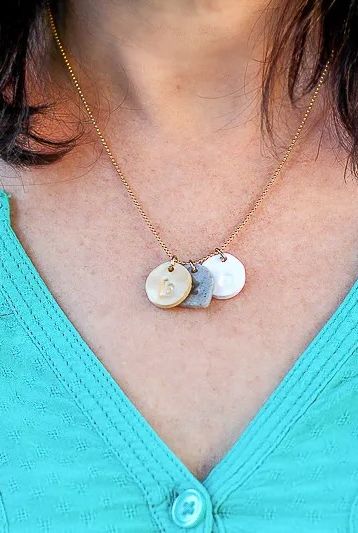 diy mothers day gifts, polymer clay necklace around woman's neck