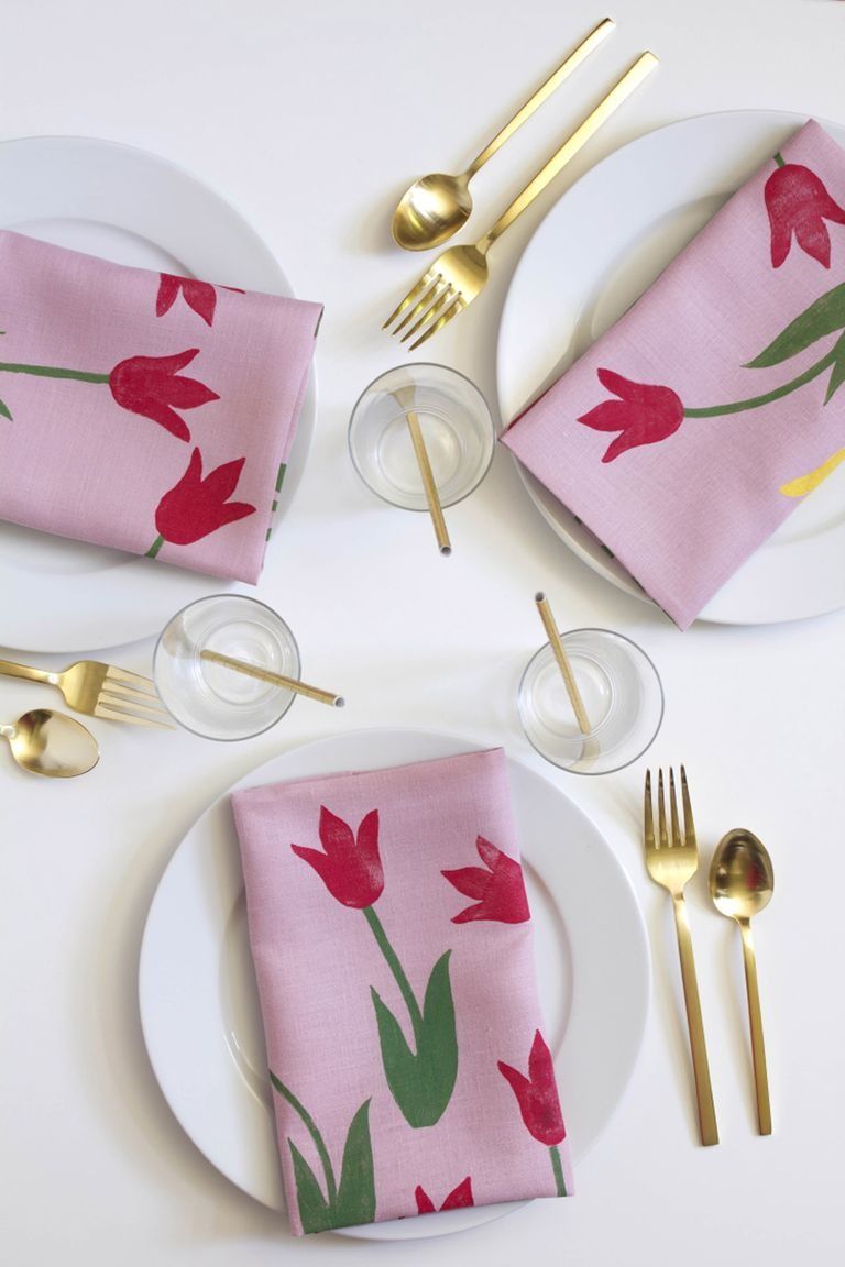 DIY Mother's Day Gift Printed Tulip Napkins with Gold Fork and Spoon on the Table