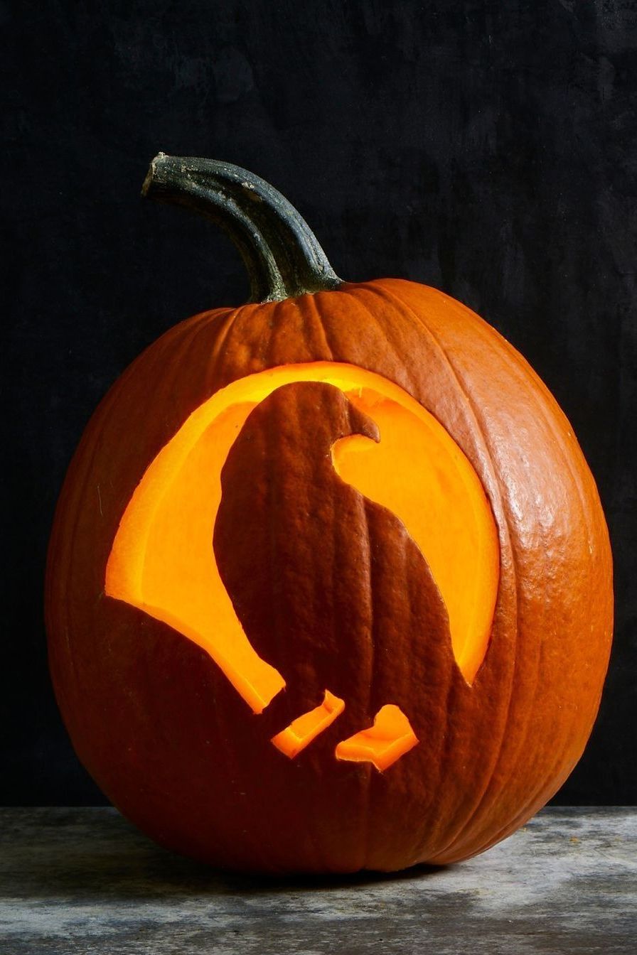 diy outdoor halloween decorations, pumpkin carved with a crow design