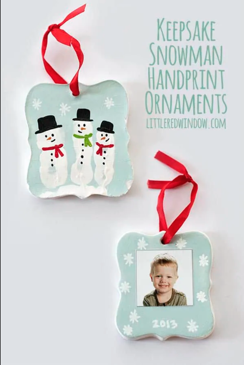 diy photo ornaments snowman handprint
