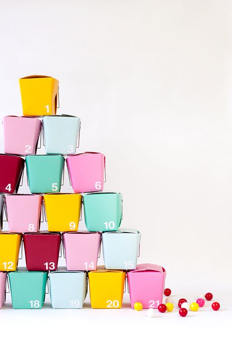 advent calendar made of colorful takeout containers