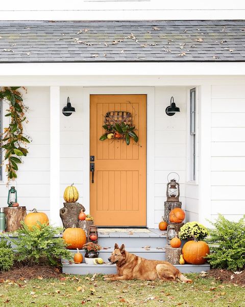 front porch decorated for fall