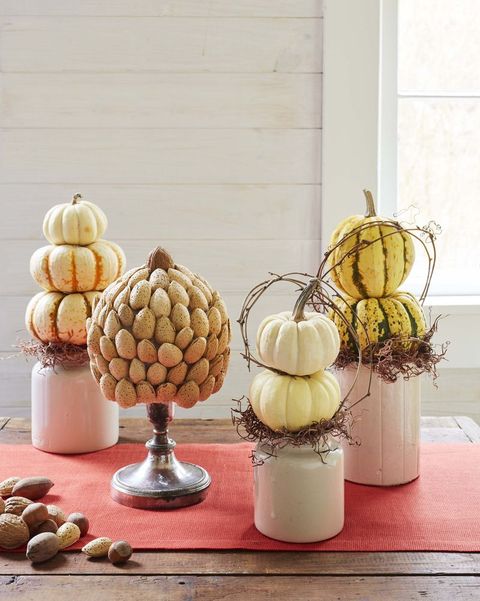 thanksgiving topiaries made from pumpkins and pecans