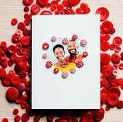 diy valentine cards, left image of a white card with red buttons and a couple smiling in the center, right image of tootsie pops