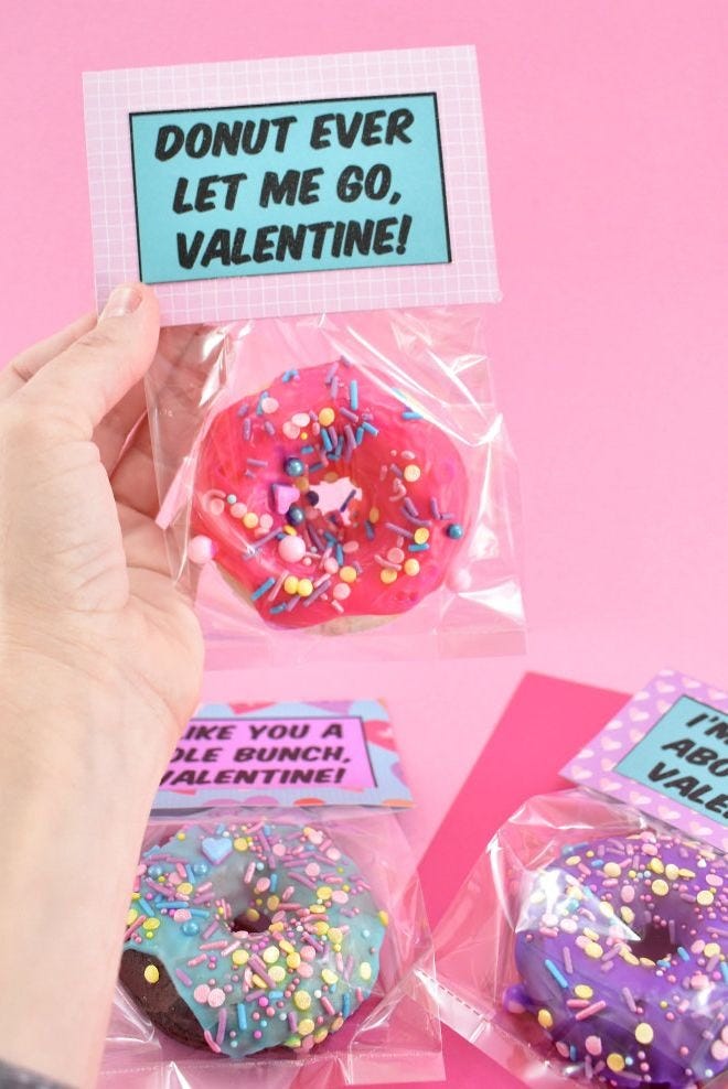 diy valentine cards, plastic baggie with donuts inside and message on front