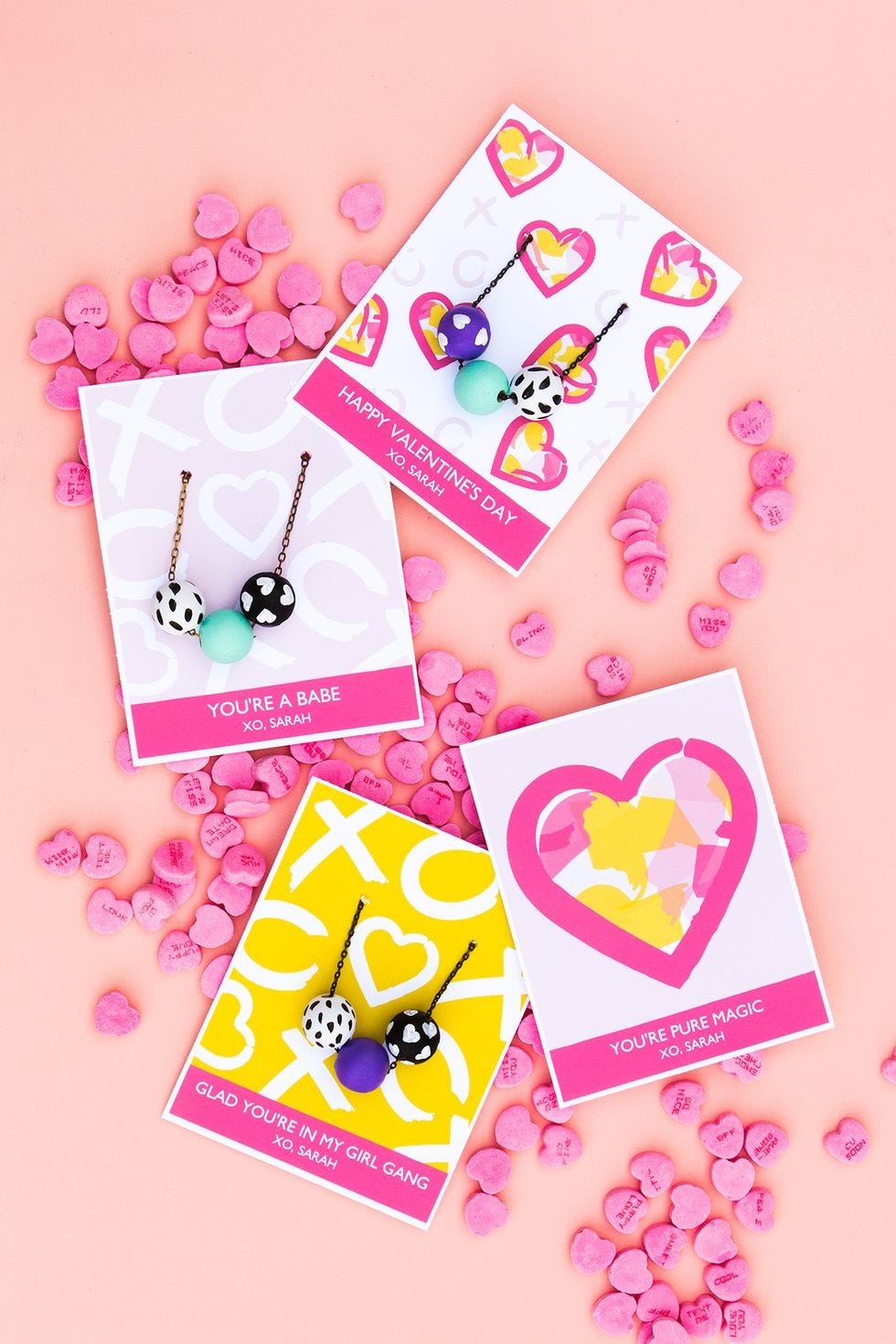diy valentine cards, necklace cards with conversation hearts