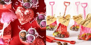 diy valentine gifts, chocolate heart boxes and treat bags with pink mini shovels