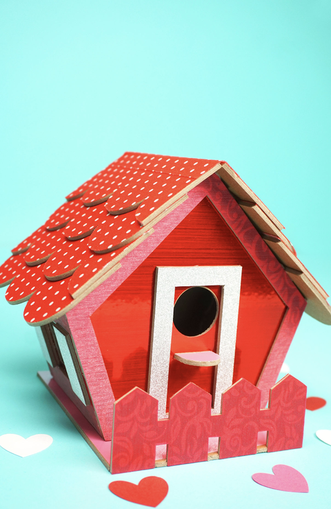 diy valentine gifts, red birdhouse with a door and fence