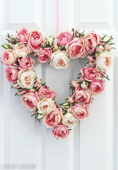 diy valentine gifts, heart shaped floral wreath hanging on thee white door