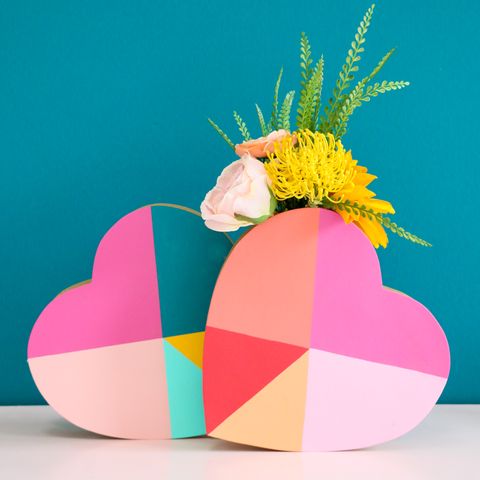 diy valentine gifts, colorful heart vases with flowers inside
