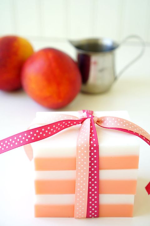 diy valentine gifts, peaches and cream soap tied together with a ribbon