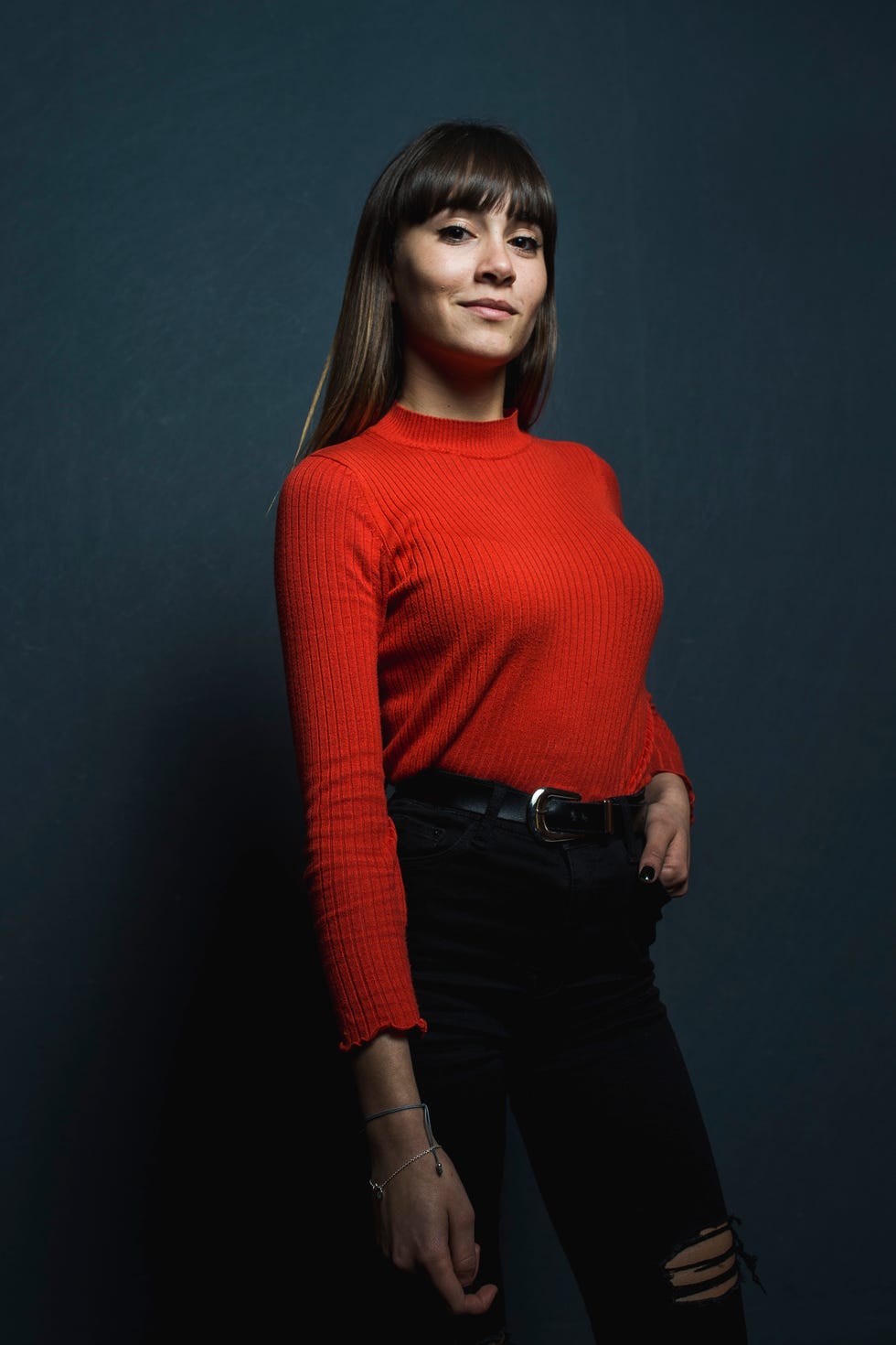 Black, Red, Shoulder, Standing, Orange, Beauty, Fashion, Photo shoot, Arm, Joint, 