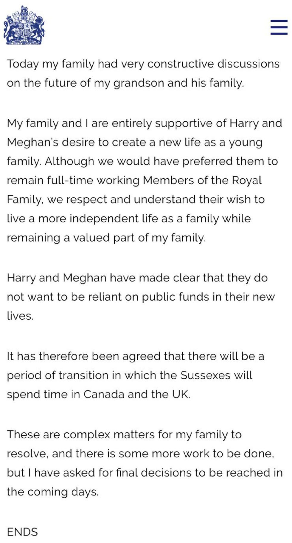 Comunicado de prensa del BUCKINGHAM PALACE
