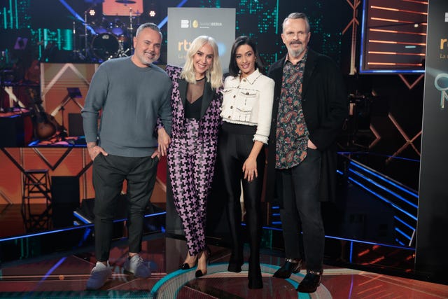 singer miguel bose , juan magan , monica naranjo and chanel terrero at photocall for tv show cover night in madrid on monday, 27 february 2023