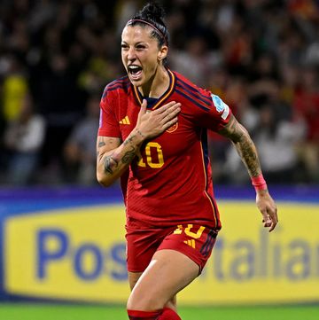 soccerplayer jennifer hermoso of spain r celebrates after scoring the goal of 0 1 during the uefa women nations league a football match between italy and spain at arechi stadium in salerno italy, october 27th, 2023