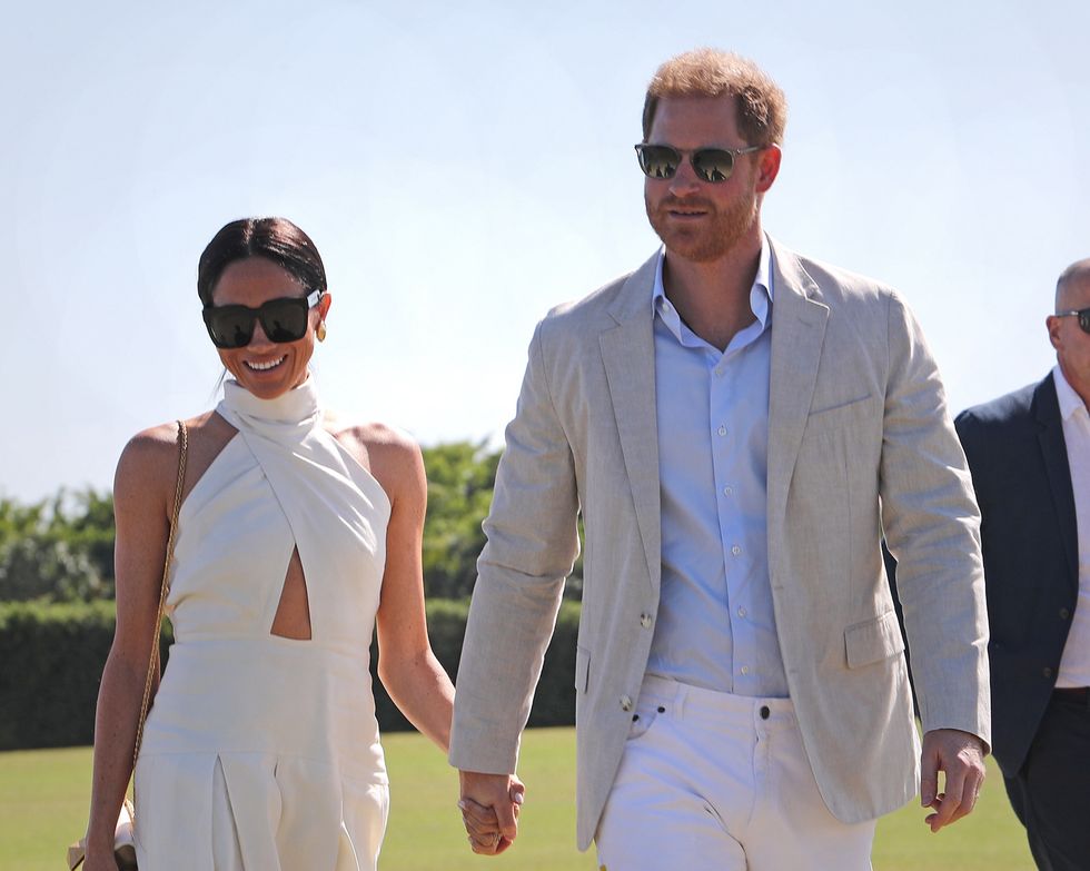 the duke and duchess of sussex during the royal salute polo challenge, to benefit sentebale, at the uspa national polo center in wellington, florida, us picture date friday april 12, 2024