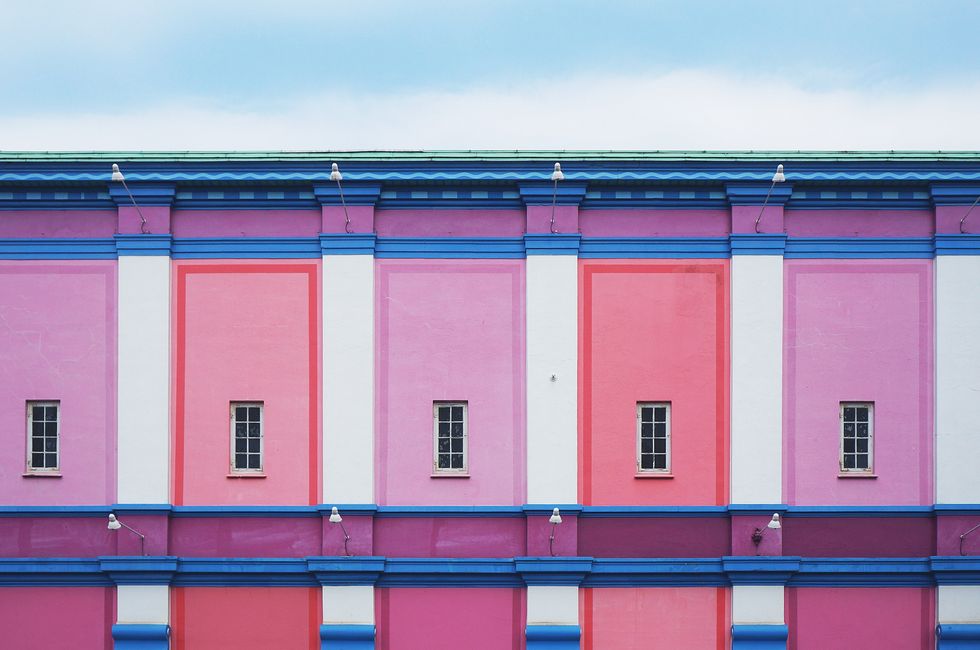 Blue, Pink, Purple, Facade, Red, Architecture, Line, Wall, Violet, Magenta, 