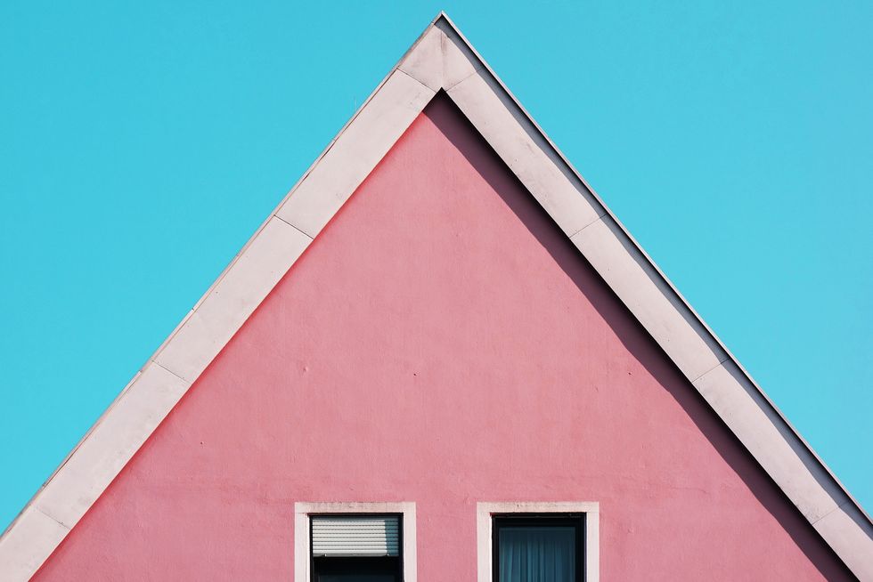 Pink, Blue, Red, Architecture, Line, Triangle, House, Facade, Roof, Sky, 