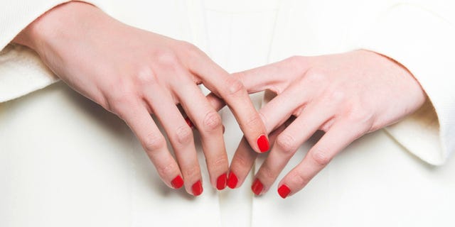 Nail, Manicure, Finger, Hand, Skin, Nail care, Cosmetics, Red, Nail polish, Peach, 