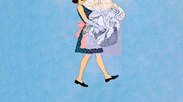 vintage illustration of 1950s housewife holding laundry