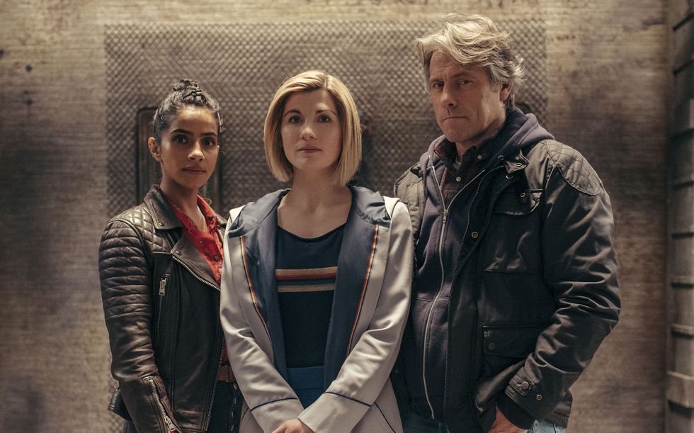 jodie whittaker, mandip gill and john bishop in doctor who