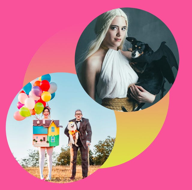25 Best Matching Dog and Owner Costumes for Halloween 2022 family and dog dressed as characters from the movie up, woman dressed as mother of dragons with dog dressed as dragon