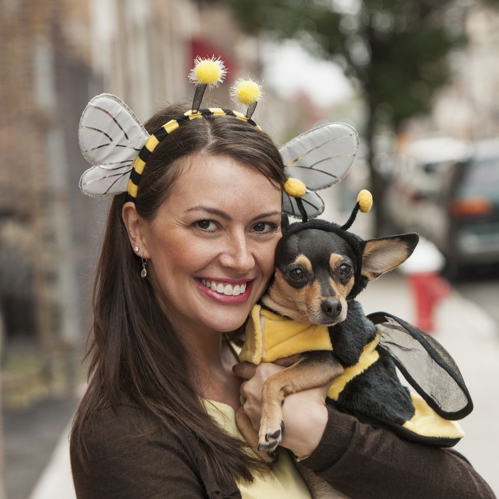 woman and dog in bee costumes