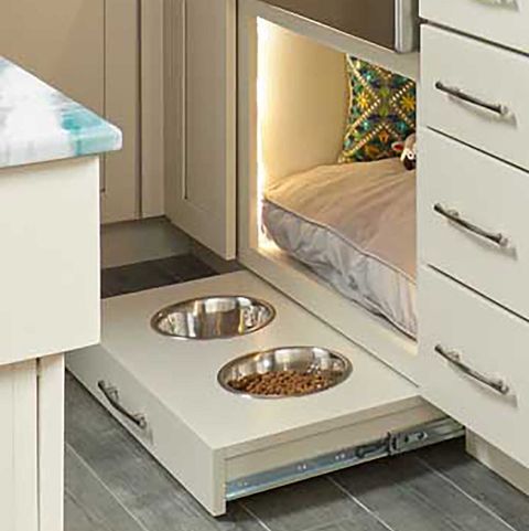 dog bed under sink, pet friendly kitchen, dog food bowl and water bowl