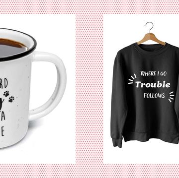 dog mom gifts 'i work hard so that my dog can have a better life' mug and 'where i go trouble follows' and 'trouble' matching owner sweatshirt and dog bandana set