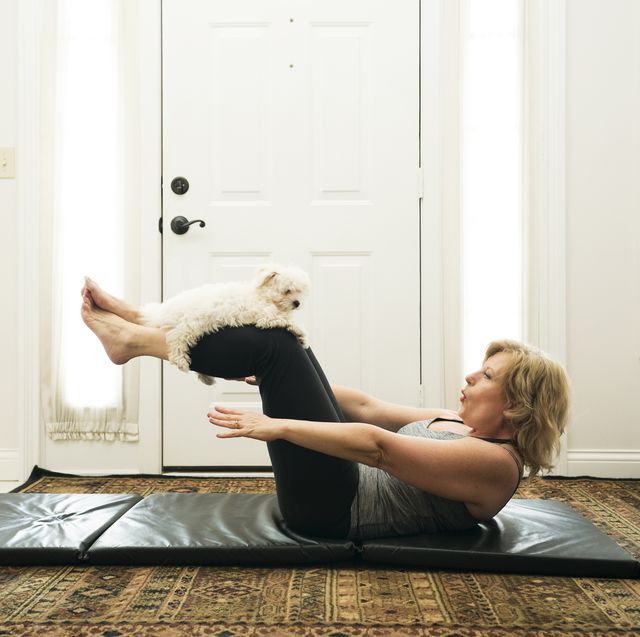 doing crunches at home with a puppy
