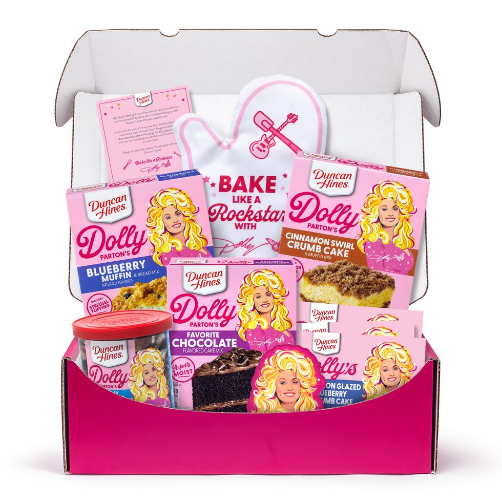 a pink box filled with baking mixes