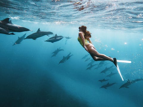 Zowel langsnuitdolfijnen als tuimelaars zwemmen in groepjes door turkooizen wateren voor de kust van Mauritius Het vrijwel geheel door koraalriffen omringde eilandstaatje is een serene waterwereld voor snorkelaars en zon vierhonderd zeediersoorten Wanneer je met wilde dolfijnen zwemt krijg je een gevoel van vrijheid en n zijn met de natuur zegt fotograaf Daniel Suarez