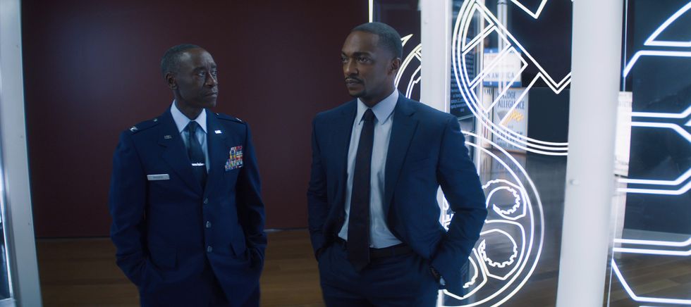 don cheadle as war machine and anthony mackie as sam wilson, the falcon and the winter soldier, episode 1