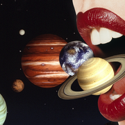 planets zoom into an open mouth with red lipstick
