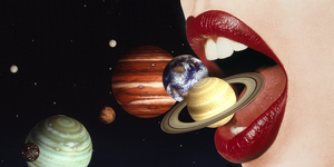 planets zoom into an open mouth with red lipstick