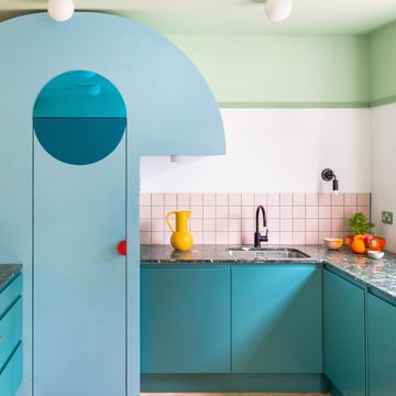 don't move improve awards, colourful blue, green and pink kitchen, the mo tel house in dalston by office s m, french tye