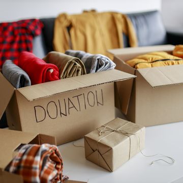 donation box with stuff (blankets and clothes)