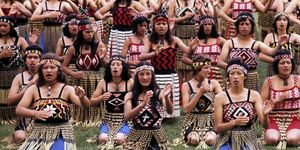 maori women perform a ceremonial dance at rugby park, gisborne, where the queen and the duke of edinburgh were given a new zealand maori welcome at the opening of the royal new zealand polynesian festival during the silver jubilee tour   photo by ron bellpa images via getty images