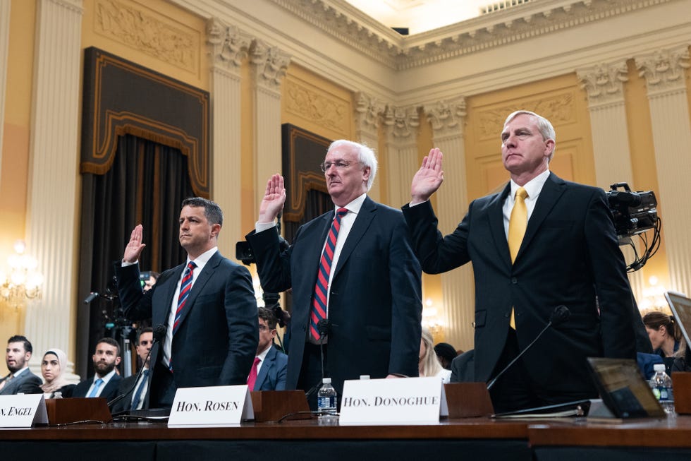 united states   june 23 from left, steven engel, former assistant attorney general for the office of legal counsel, jeffrey rosen, former acting attorney general, and richard donoghue, former acting deputy attorney general, are sown in during the select committee to investigate the january 6th attack on the us capitol hearing in the cannon house office building in washington on thursday, june 23, 2022 bill clarkcq roll call, inc via getty images