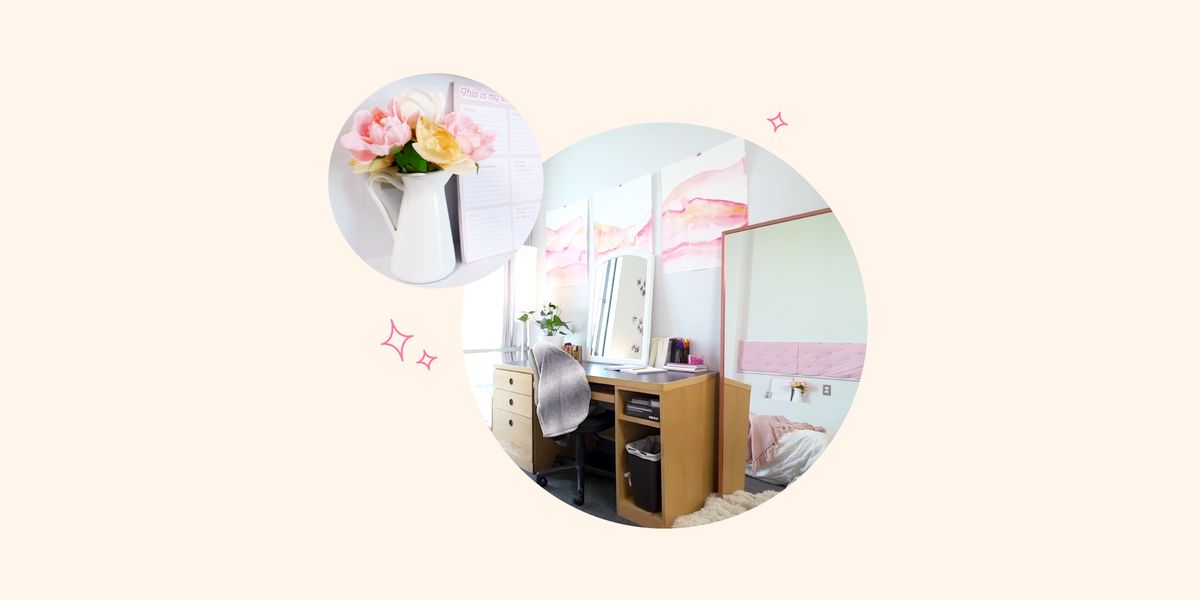 a pink and white dorm room
