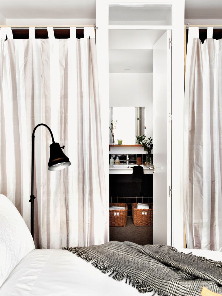 Curtain, Bedroom, Room, Furniture, White, Interior design, Bed, Canopy bed, Window treatment, Black-and-white, 