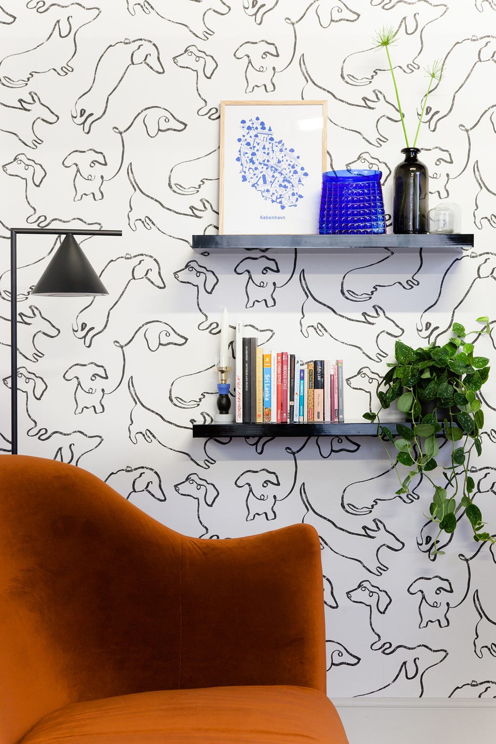 baldas de color negro con libros y plantas sobre papel pintado con siluetas de perros