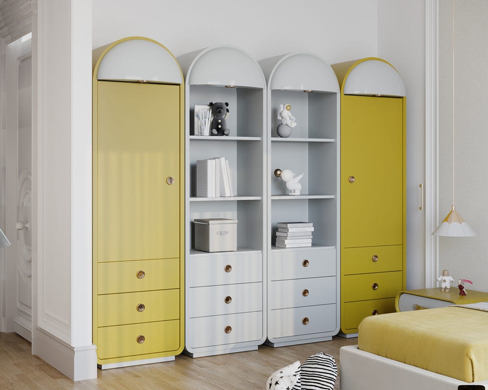 un dormitorio infantil en estilo art déco con armario en formas fluidas
