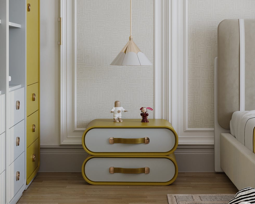 un dormitorio infantil con estilo art déco y muebles con formas orgánicas