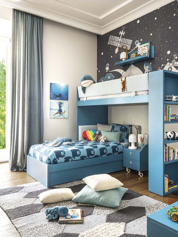 dormitorio juvenil azul con litera en esquina para dos hermanos
