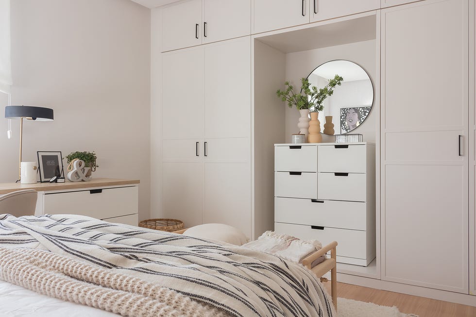 dormitorio juvenil moderno con armario y cómoda de color blanco