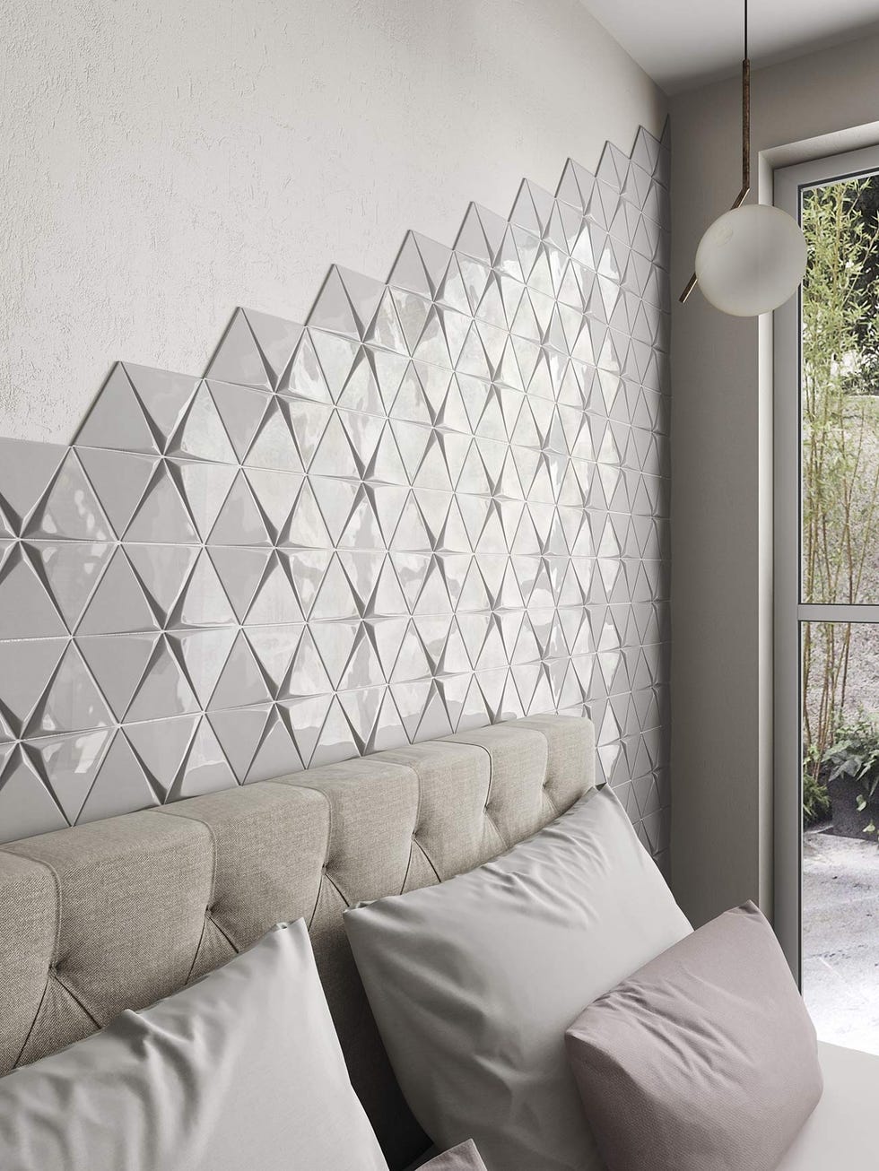 dormitorio con azulejos hexagonales en el cabecero